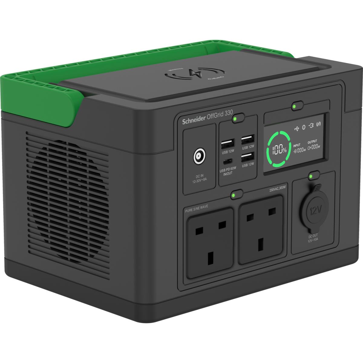 APC Schneider OffGrid Portable Power Station 330, 230V, 332Wh Lithium-ion, LCD, UK Type G Plug, Sinewave, 3 USB-A, 1 USB-C, Wireless Charger