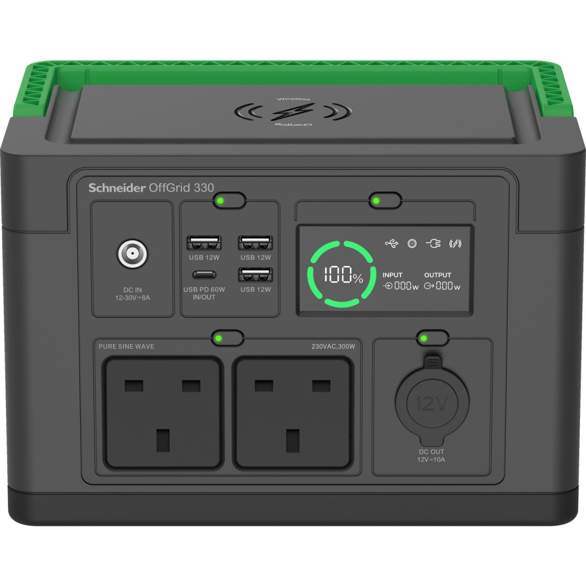 APC Schneider OffGrid Portable Power Station 330, 230V, 332Wh Lithium-ion, LCD, UK Type G Plug, Sinewave, 3 USB-A, 1 USB-C, Wireless Charger