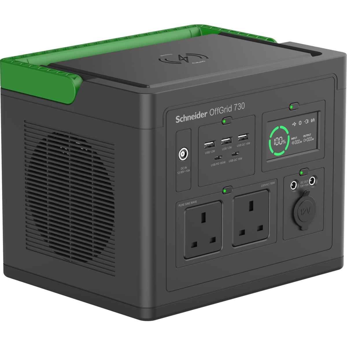 APC Schneider OffGrid Portable Power Station 730, 738Wh Lithium-ion, LCD, UK Type G Plug, Sinewave, 3 USB-A, 2 USB-C, Wireless Charger