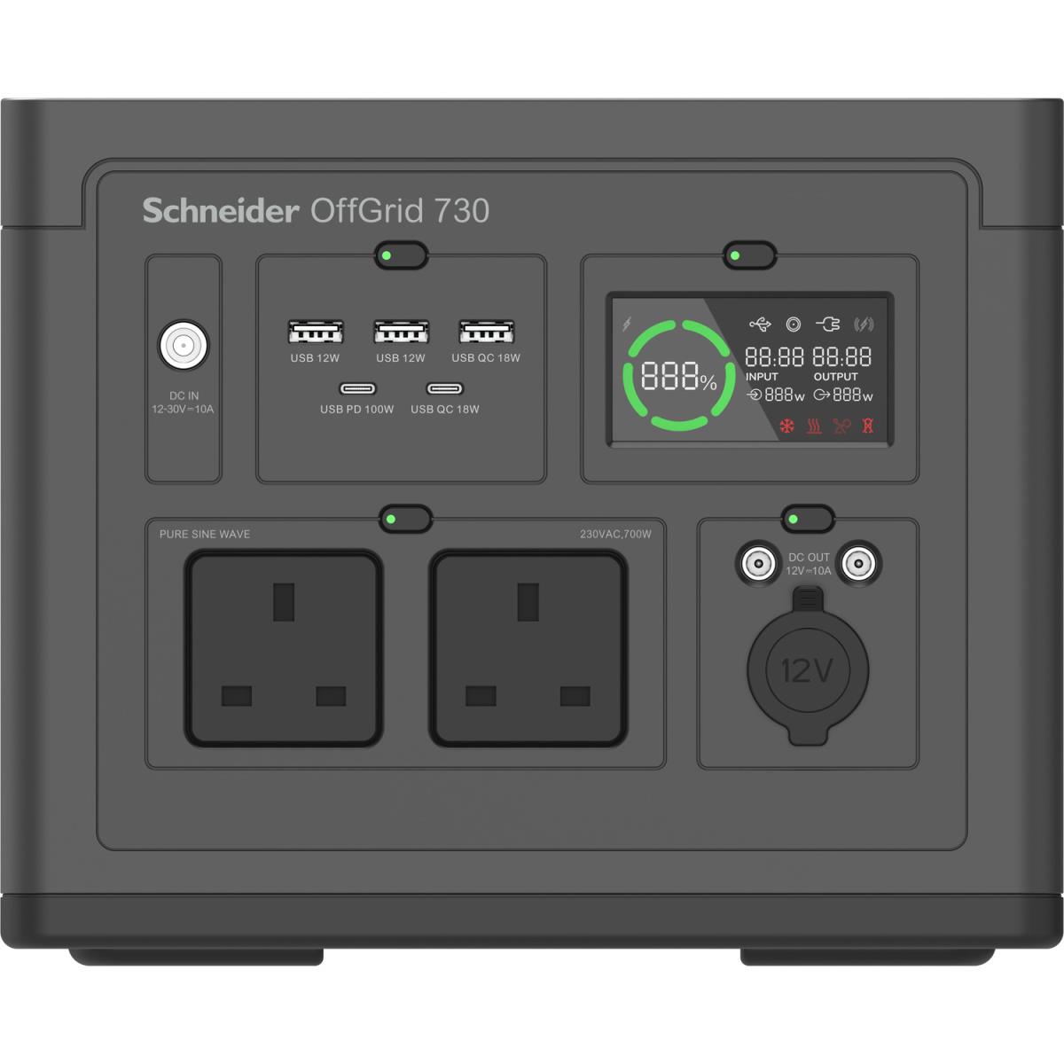 APC Schneider OffGrid Portable Power Station 730, 738Wh Lithium-ion, LCD, UK Type G Plug, Sinewave, 3 USB-A, 2 USB-C, Wireless Charger