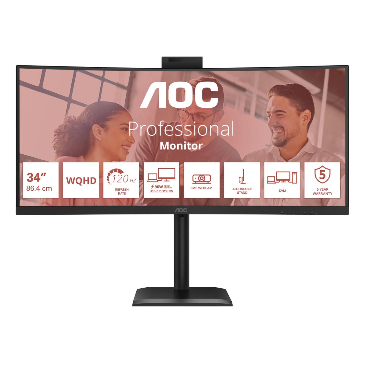 AOC Curved USB-C Monitor - CU34E4CW - 34in - 3440x1440 (UWQHD) - VA 120Hz Win Hello Webcam