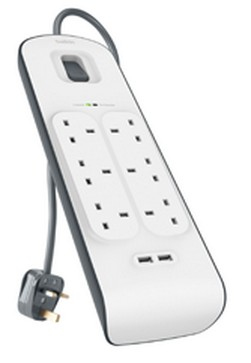 BELKIN 6 Way Surge Protection Strip - 2m With 2 X 2.4amp USB Charging (bsv604af2m)