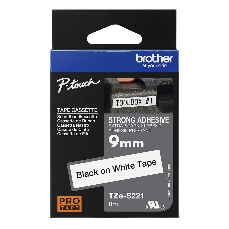 BROTHER Tape 9mm Black On White Strong Adhesive (tze-s221)