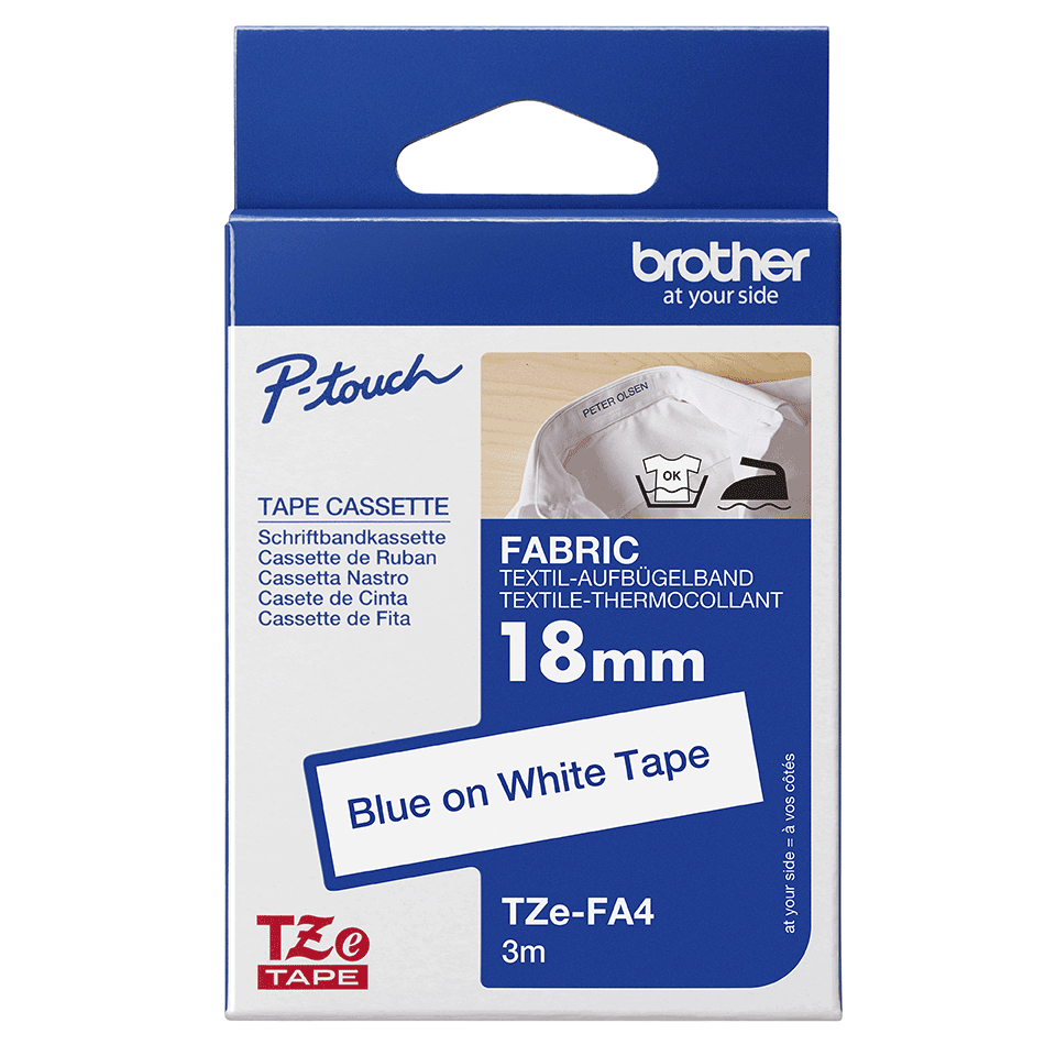 BROTHER Tape TZe 18mm Blue On White Iron-on Fabric