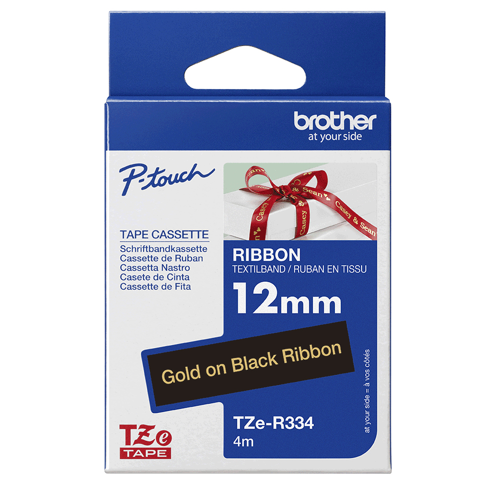 BROTHER Tape Tzer334 12mm Gold On Black Satin Ribbon