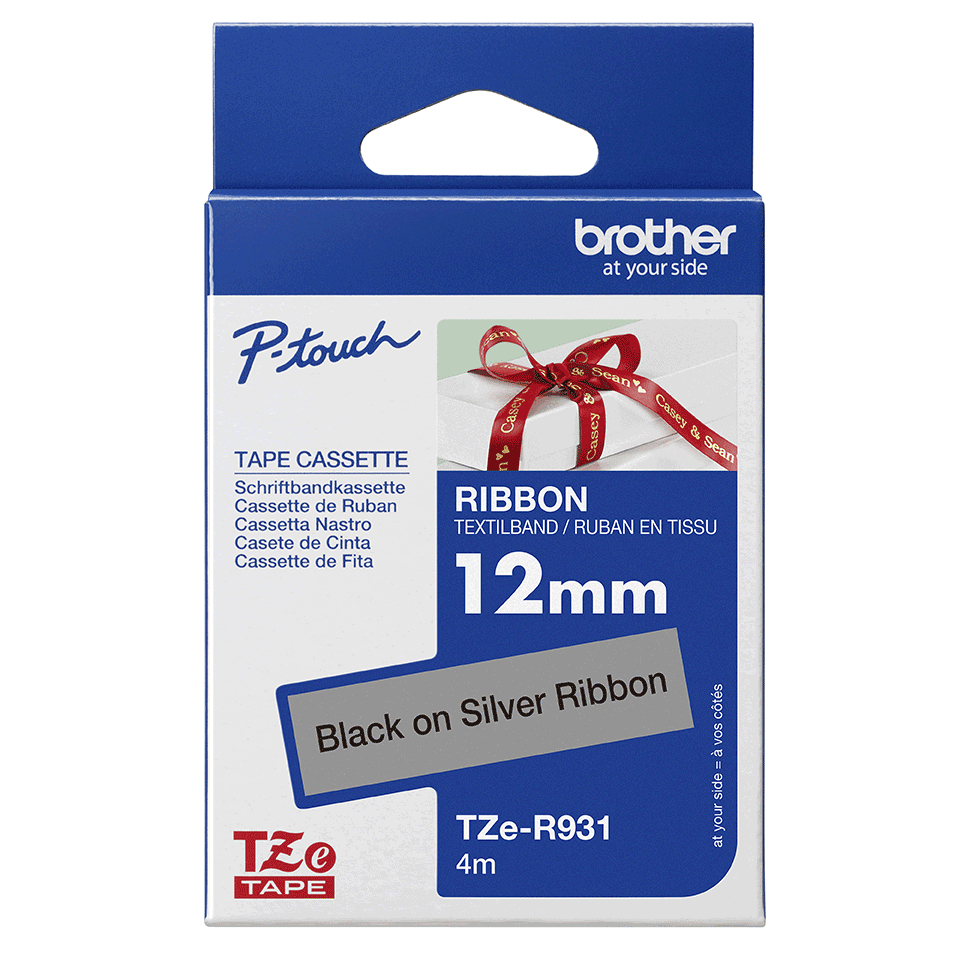 BROTHER Tape Tzer931 12mm Black On Silver Satin Ribbon
