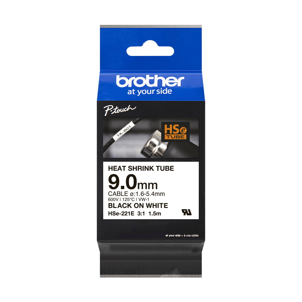 BROTHER Heat Shrink Tube Tape Cassette - Hse-221e - Black On White - 9mm Wide