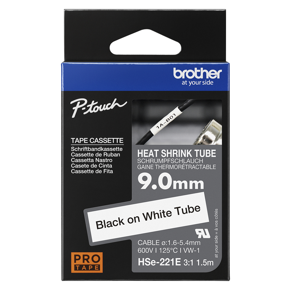 BROTHER Heat Shrink Tube Tape Cassette - Hse-221e - Black On White - 9mm Wide