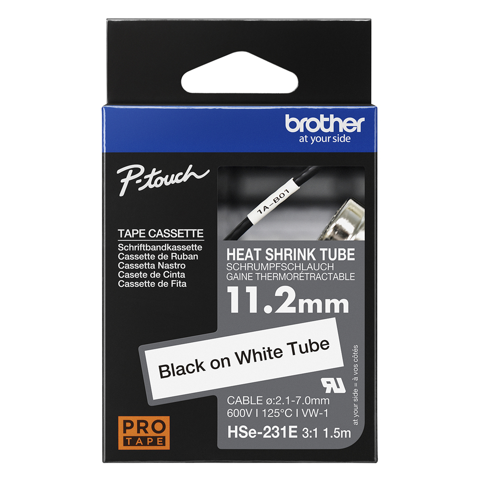 BROTHER Heat Shrink Tube Tape Cassette - Hse-231e - Black On White - 11.2mm Wide