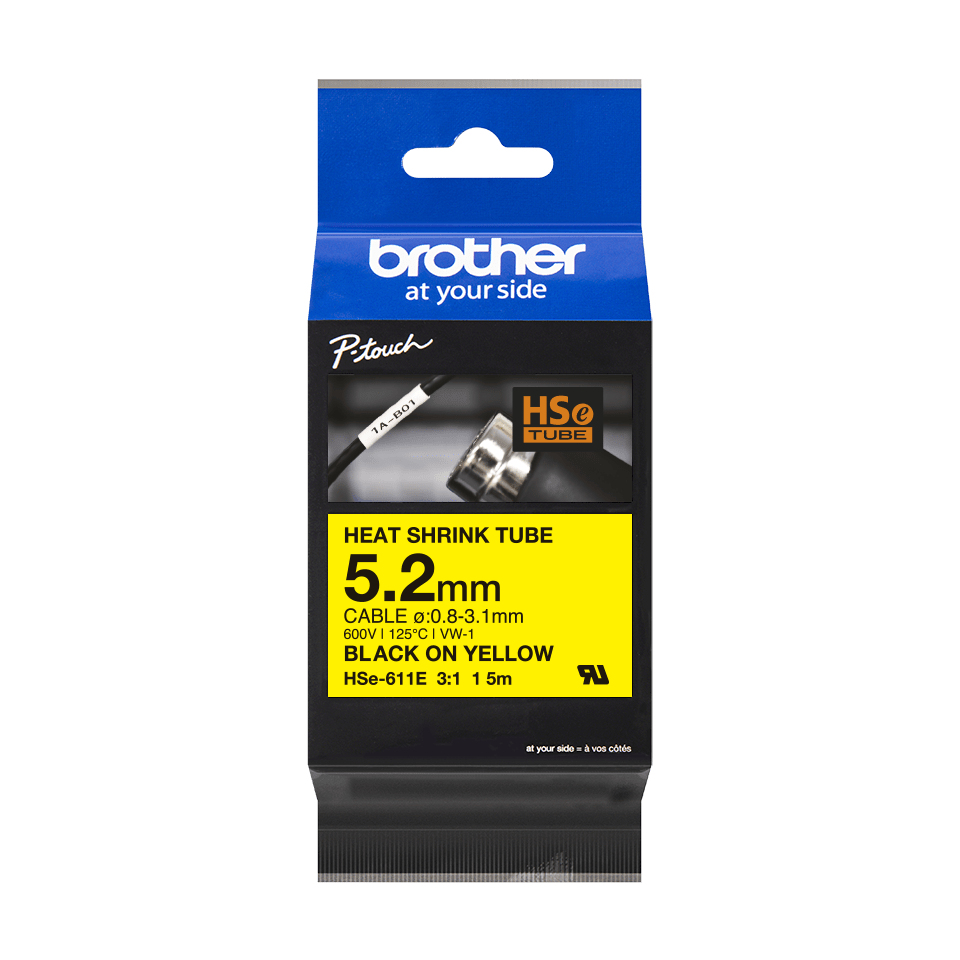 BROTHER Heat Shrink Tube Tape Cassette - Hse-611e - Black On Yellow - 5.2mm Wide