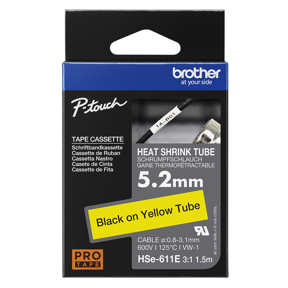 BROTHER Heat Shrink Tube Tape Cassette - Hse-611e - Black On Yellow - 5.2mm Wide
