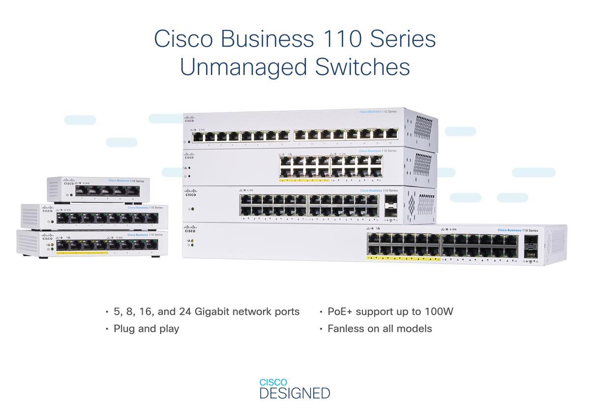 CISCO Cbs110 Unmanaged Switch 24-port Ge Partial Poe 2x1g Sfp Shared