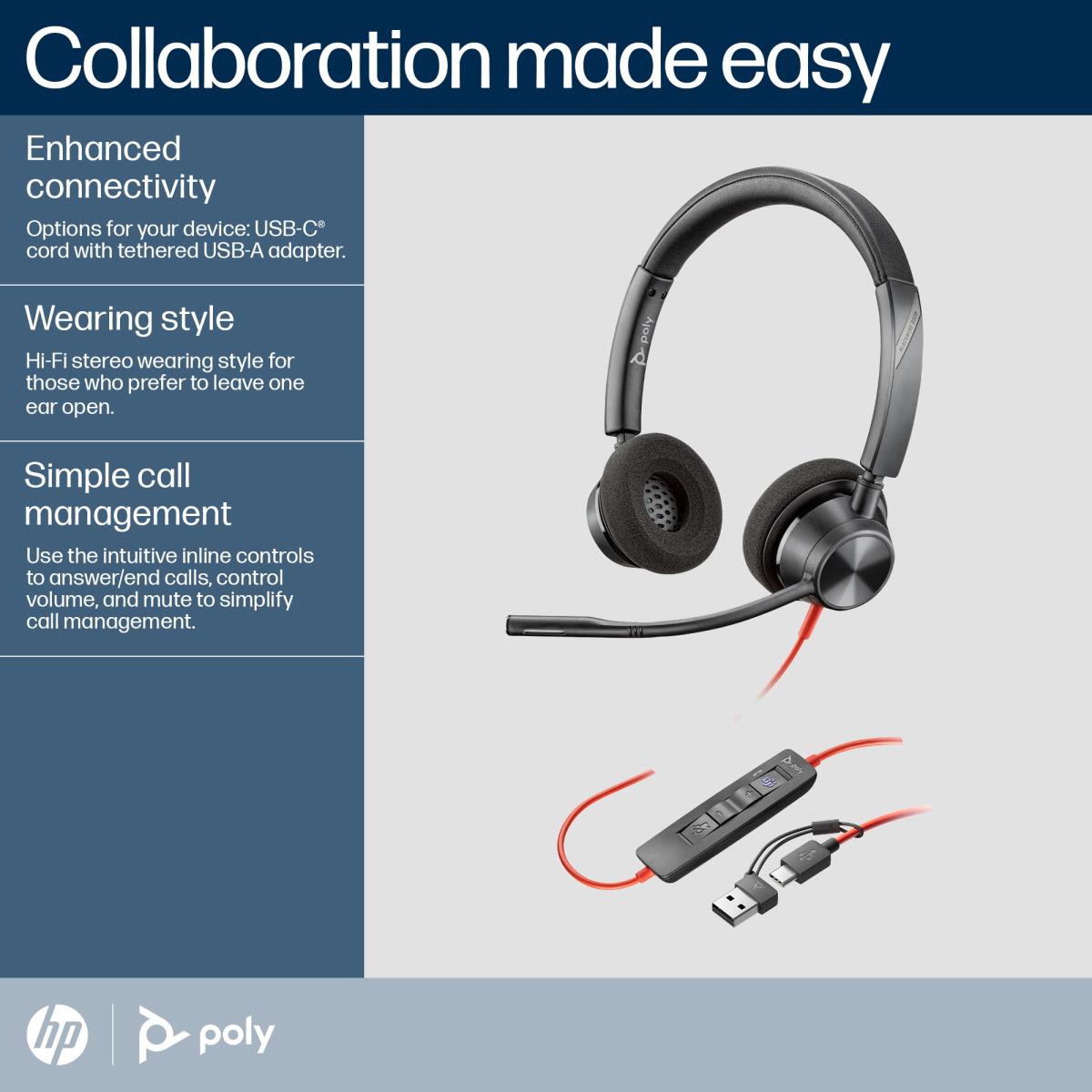 HP Headset Blackwire 3320-m - Stereo - USB-c - USB-C/A Adapter
