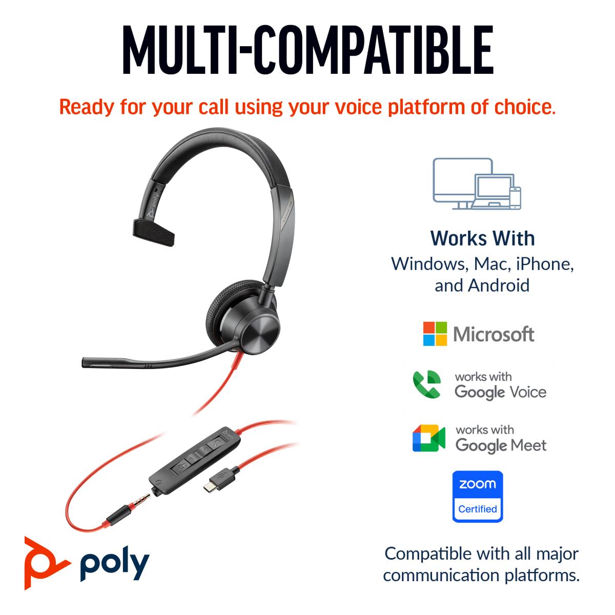 HP Headset Blackwire 3315 - Monaural - USB-c / 3.5mm - USB-C/A Adapter