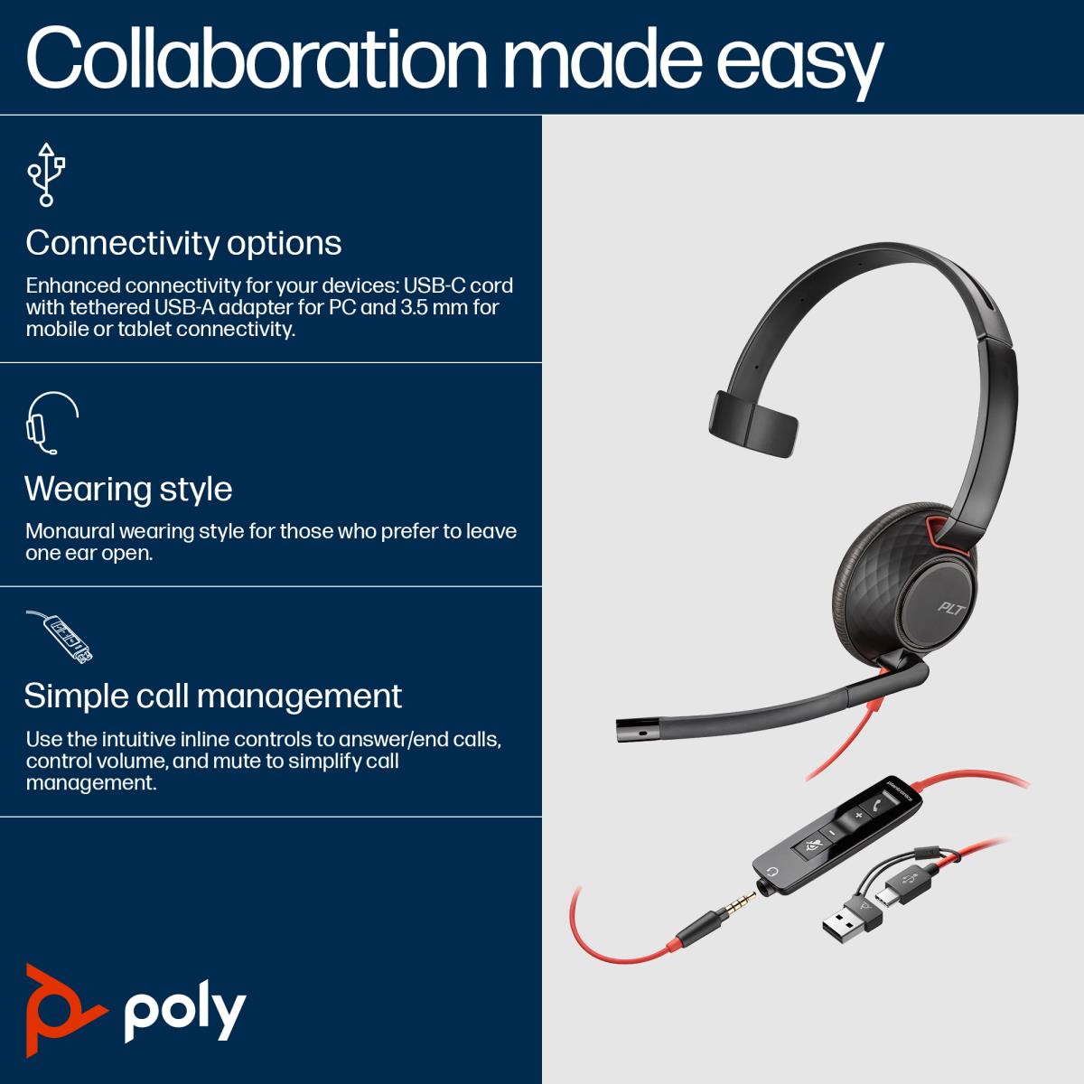 HP Headset Blackwire 5210 - Monaural  - USB-c / 3.5mm