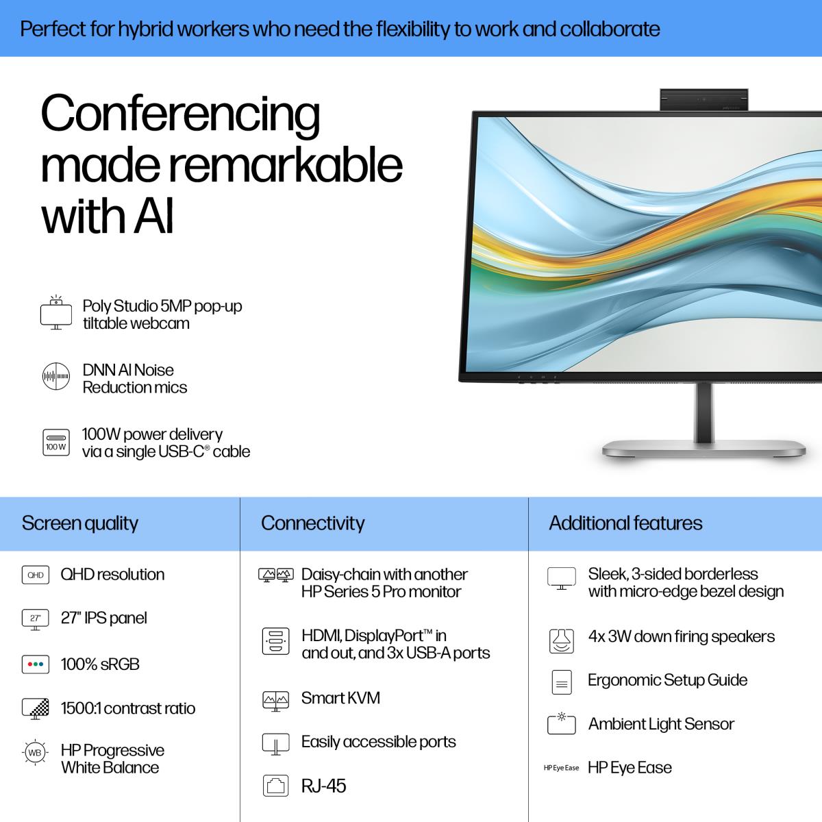HP Conferencing USB-C Monitor - Series 5 Pro 527pm - 27in - 2560x1440 (QHD)