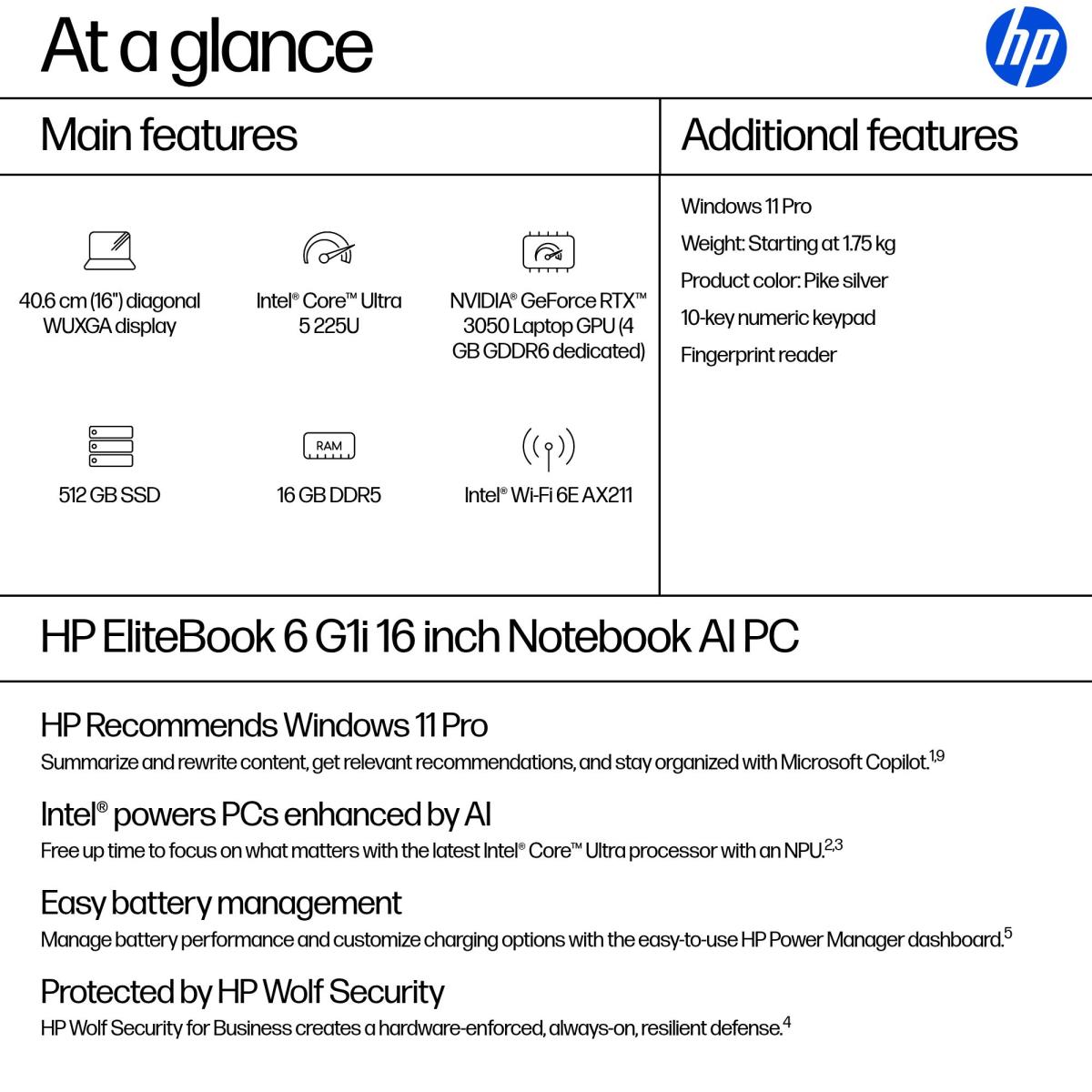 HP EliteBook 6 G1i AI - 16in - Core Ultra 5 225U - 16GB RAM - 512GB SSD - Win11 Pro - Qwerty UK