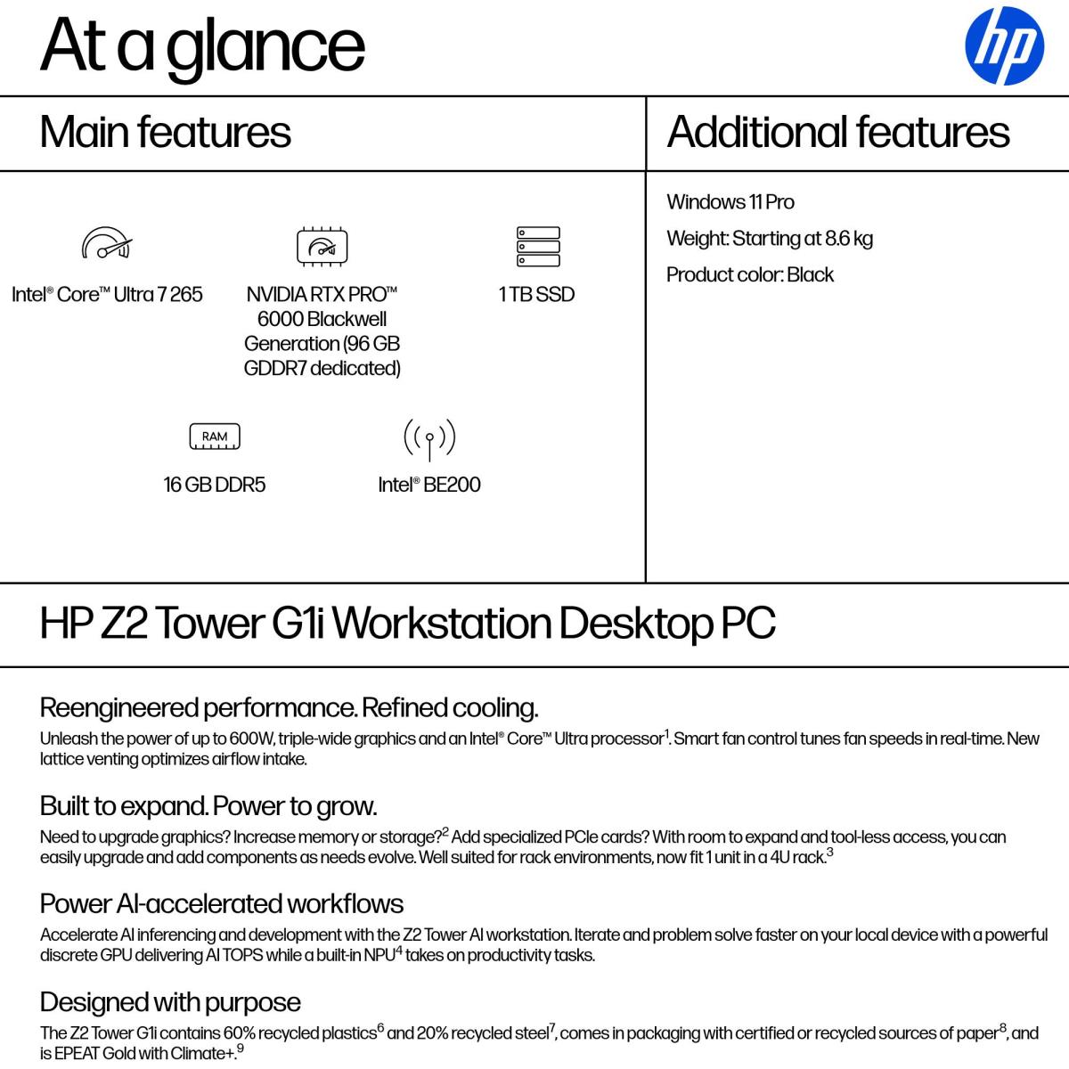 HP Workstation Z2 G1i Tower - Core Ultra 7 265 - 16GB RAM - 1TB SSD - Win11 Pro