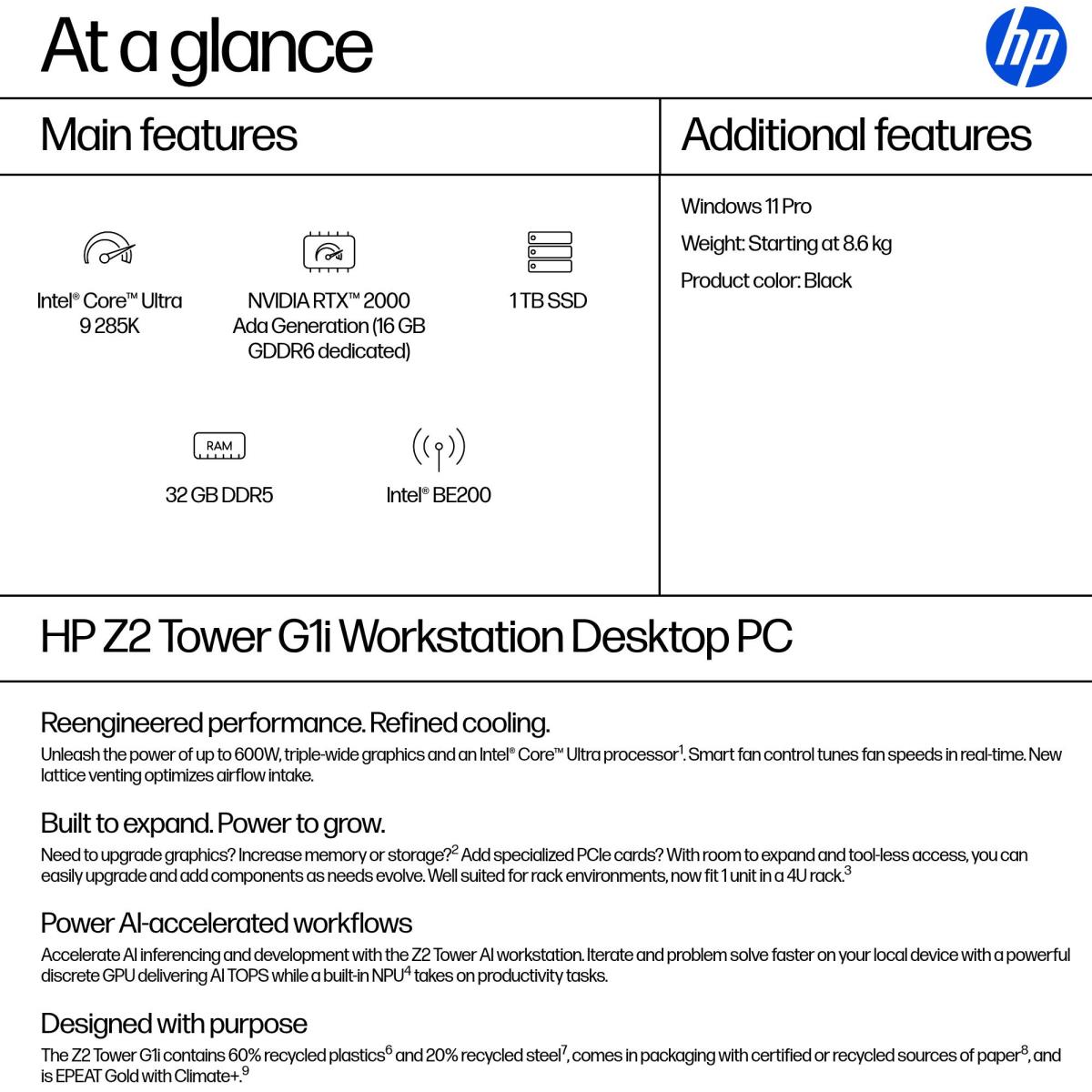 HP Workstation Z2 G1i Tower - Core Ultra 9 285K  - 32GB RAM - 1TB SSD - Win11 Pro