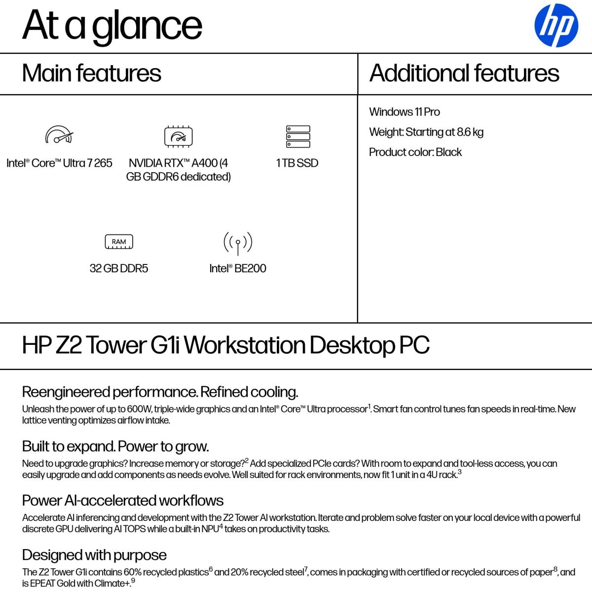HP Workstation Z2 G1i Tower - Core Ultra 7 265 - 32GB RAM - 1TB SSD - Win11 Pro