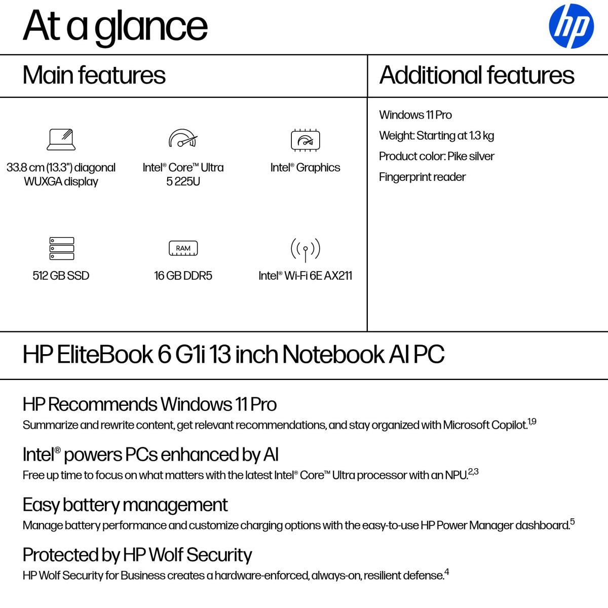 HP EliteBook 6 G1i AI - 14in - Core Ultra 5 225U - 16GB RAM - 512GB SSD - Win11 Pro - Qwerty UK