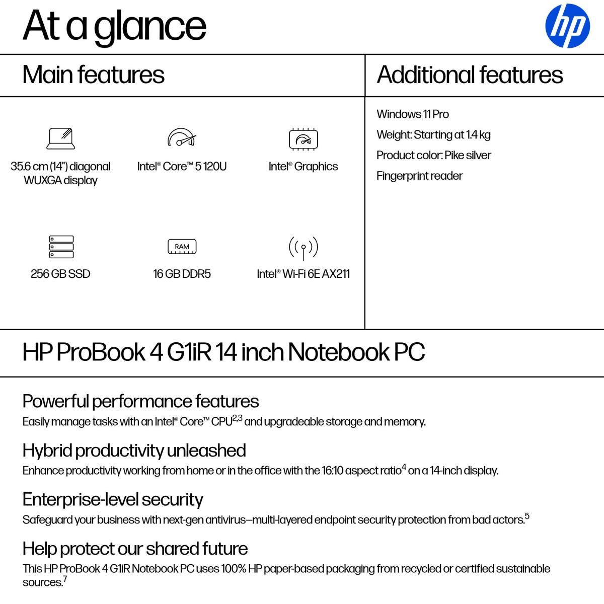 HP ProBook 4 G1iR - 14in - Core 5 120U - 16GB RAM - 256GB SSD - Win11 Pro - Qwerty UK
