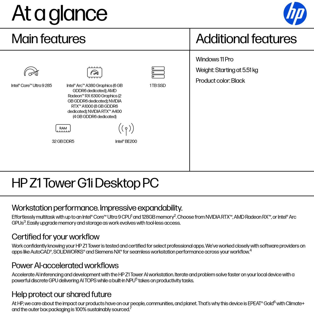 HP Workstation Z1 G1i Tower - Core Ultra 9 285 - 32GB RAM - 1TB SSD - Win11 Pro
