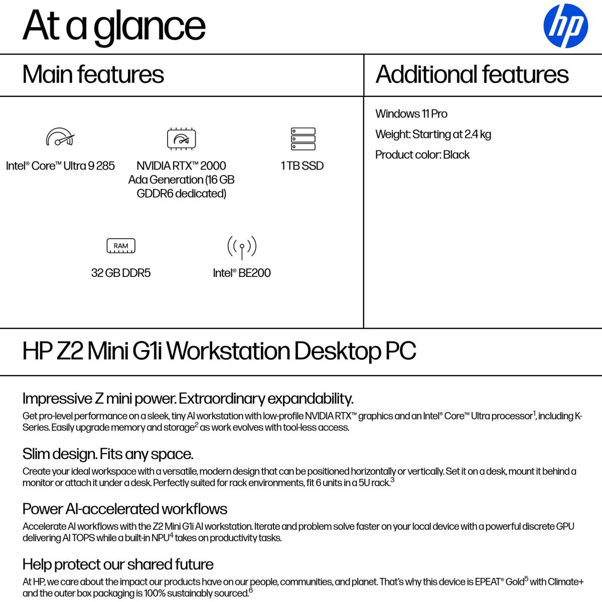 HP Workstation Z2 G1i Mini - Core Ultra 9 285 - 32GB RAM - 1TB SSD - Win11 Pro