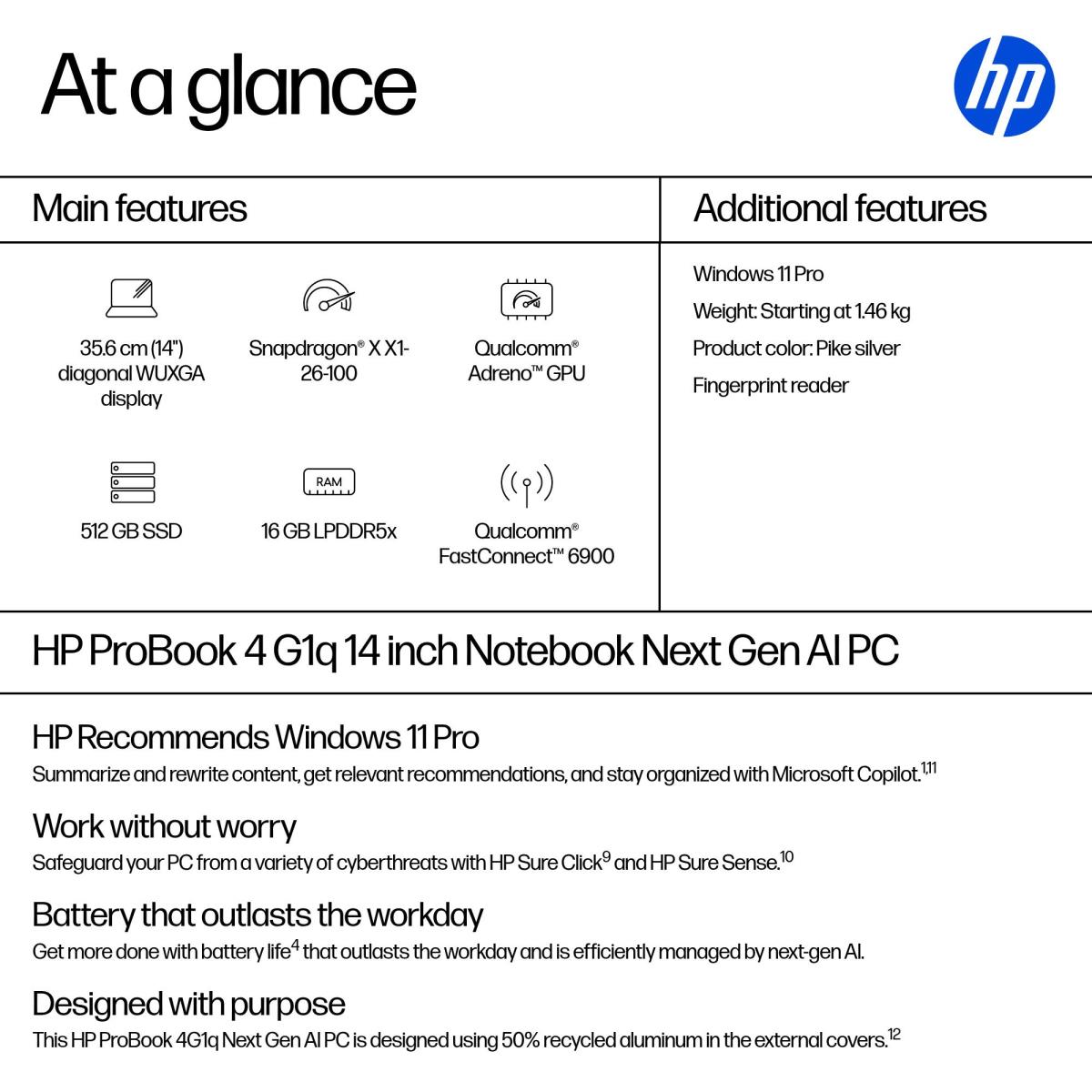 HP ProBook 4 G1q AI - 14in - Snapdragon X1-26-100 - 16GB RAM - 512GB SSD - Win11 Pro - Qwerty UK