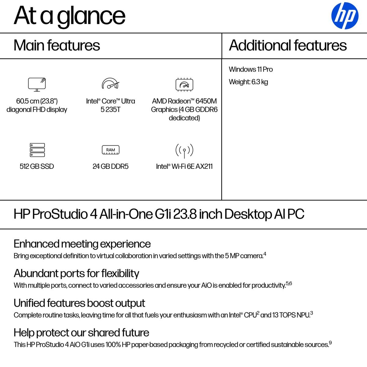 HP ProStudio 4 AiO G1i AI - 23.8in - Core Ultra 7 265T - 24GB RAM - 512GB SSD - Win11 Pro - Qwerty UK