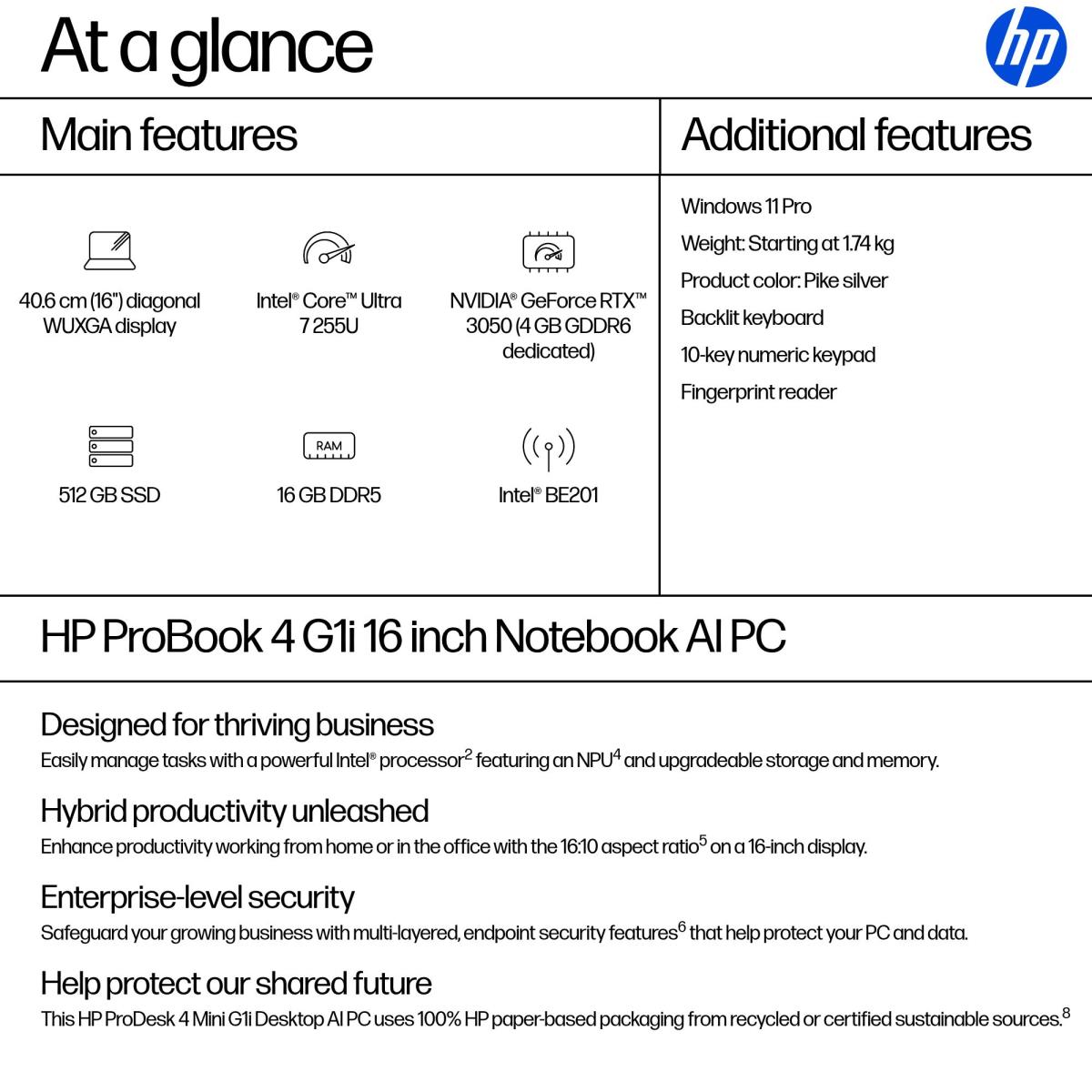 HP ProBook 4 G1i AI - 16in - Core Ultra 7 255U - 16GB RAM - 512GB SSD - Win11 Pro - Qwerty UK