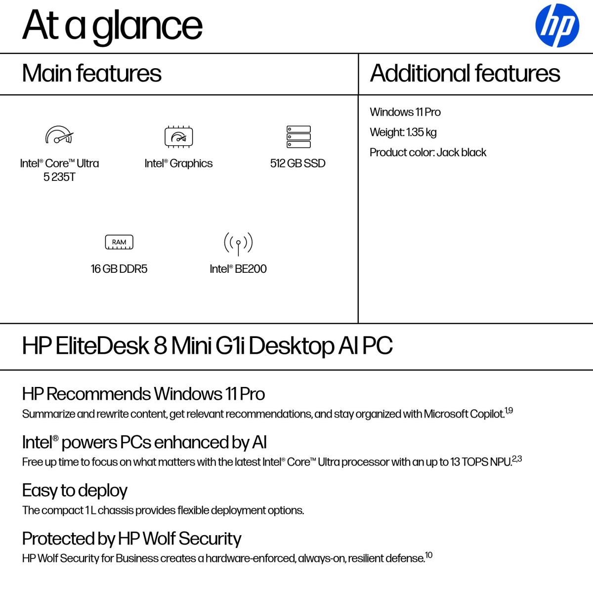 HP EliteDesk 8 Mini G1i AI - Core Ultra 5 235T - 16GB RAM - 512GB SSD - Win11 Pro - Qwerty UK