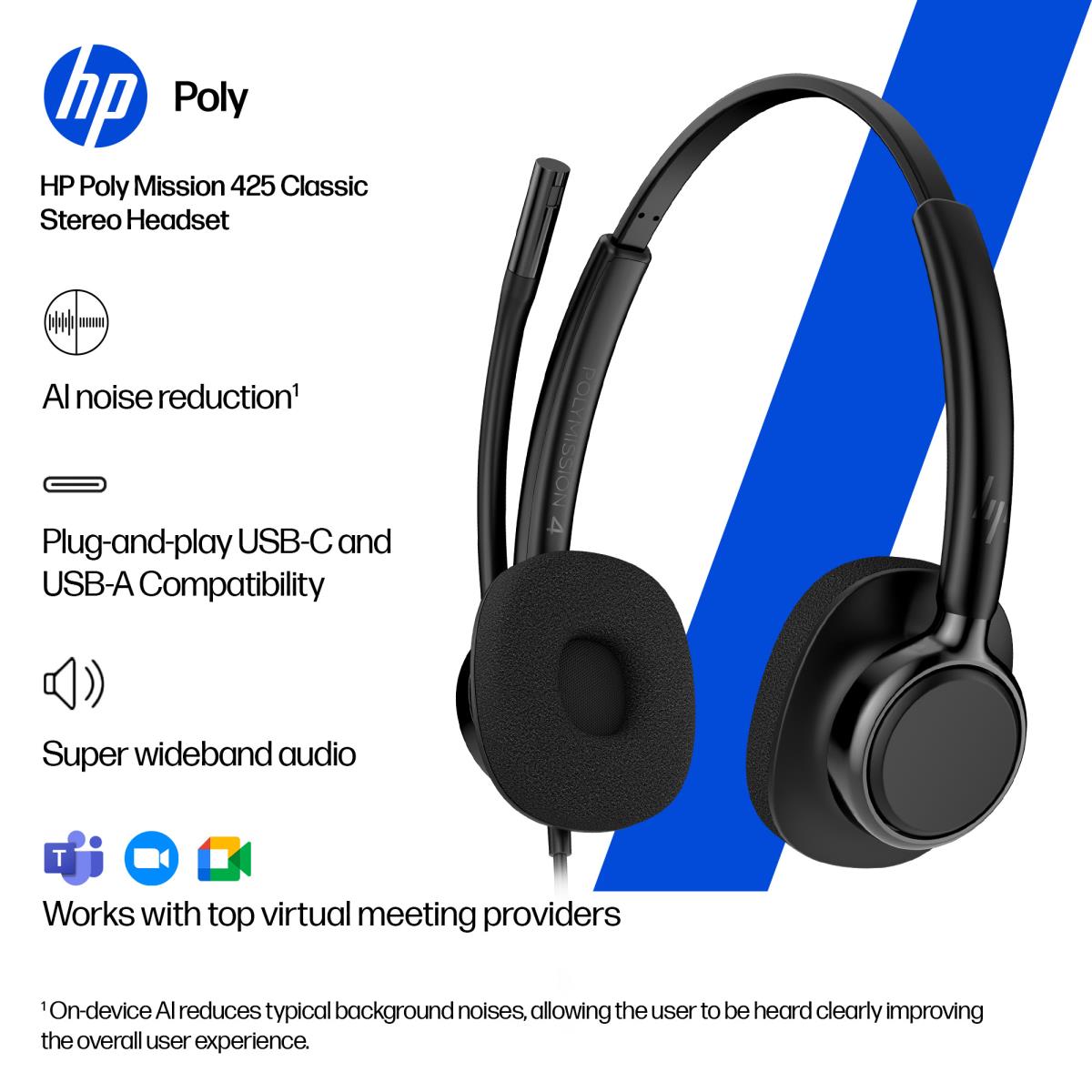 HP Poly Mission 425 Wired Headset - Stereo - USB-C/A