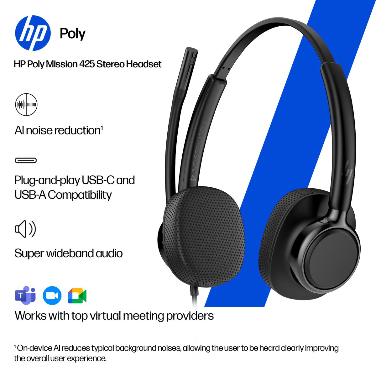 HP Poly Mission 425 Wired Headset - Stereo - USB-C/A