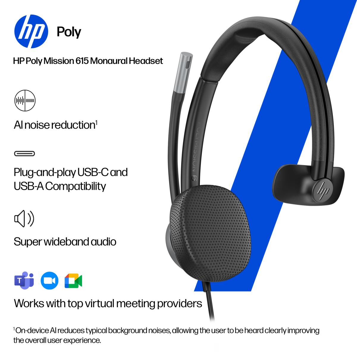 HP Poly Mission 615 Wired Headset - Mono - USB-C/A - Bulk