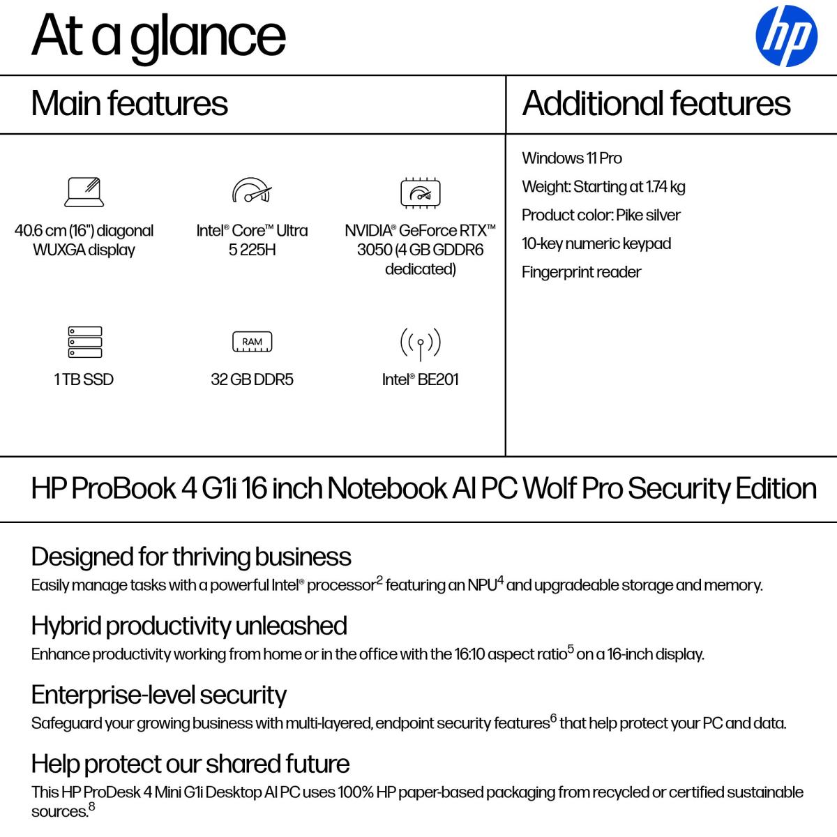 HP ProBook 4 G1i AI - 16in - Core Ultra 5 225H - 32GB RAM - 1TB SSD - Win11 Pro - Qwerty UK