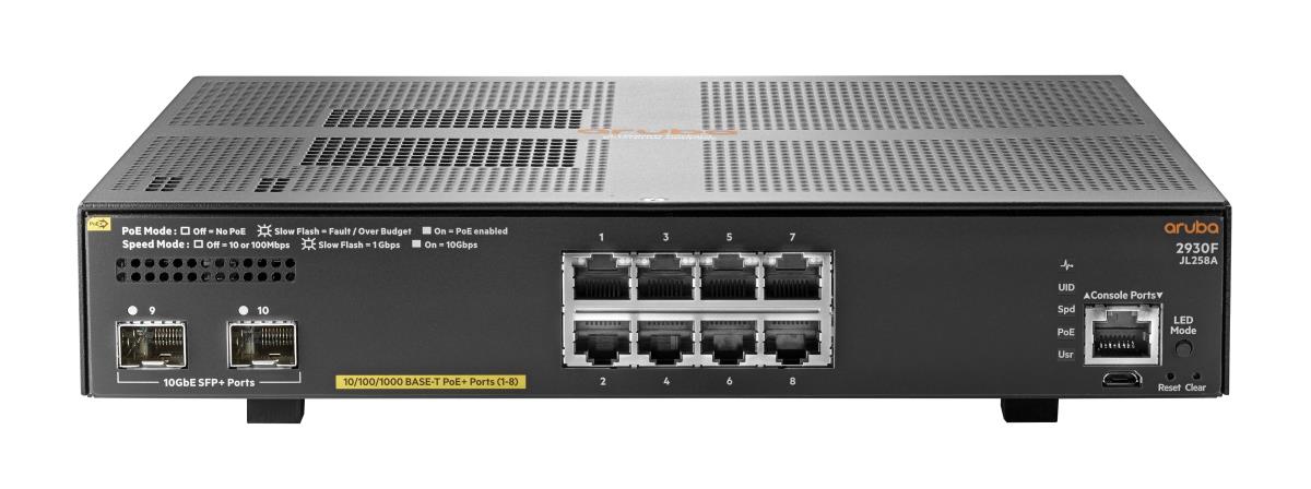 Hewlett-Packard Enterprise Aruba 2930F 8G PoE+ 2SFP+ Switch, (8) RJ-45 autosensing 10/100/1000 PoE+ ports