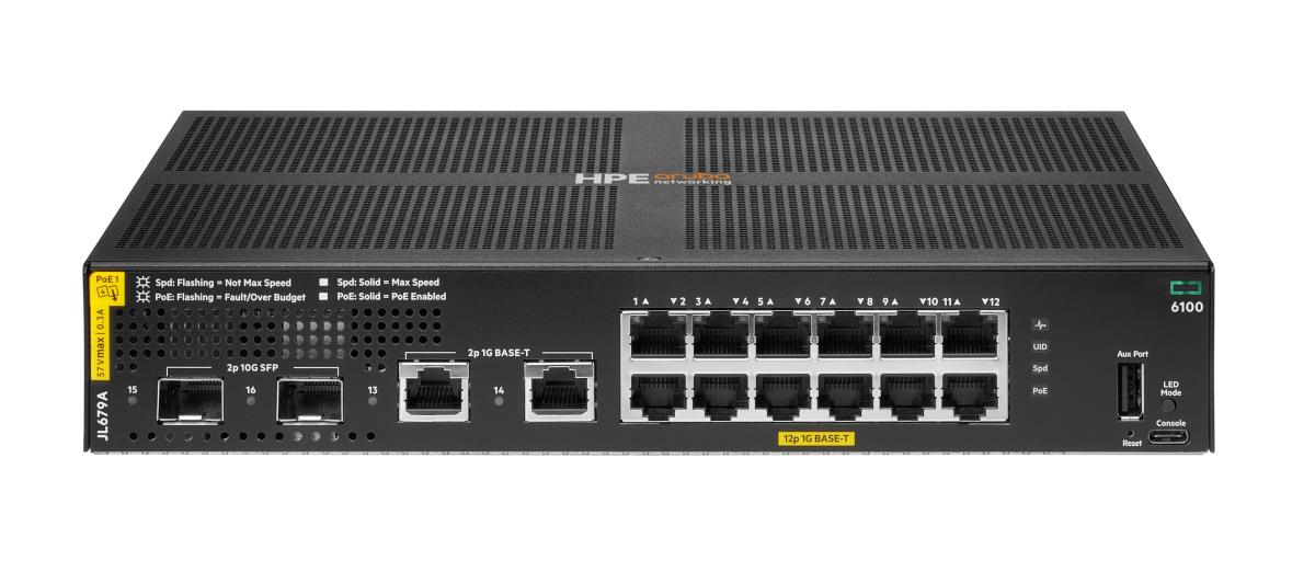 Hewlett-Packard Enterprise Aruba 6100 12G Class4 PoE 2G/2SFP+ 139W Switch, 12x ports 10/100/1000BASE-T Ports 2x 1G/10G SFP ports 2x 1GbE ports