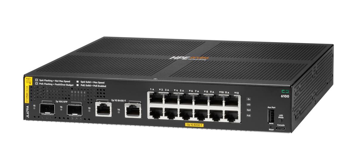 Hewlett-Packard Enterprise Aruba 6100 12G Class4 PoE 2G/2SFP+ 139W Switch, 12x ports 10/100/1000BASE-T Ports 2x 1G/10G SFP ports 2x 1GbE ports