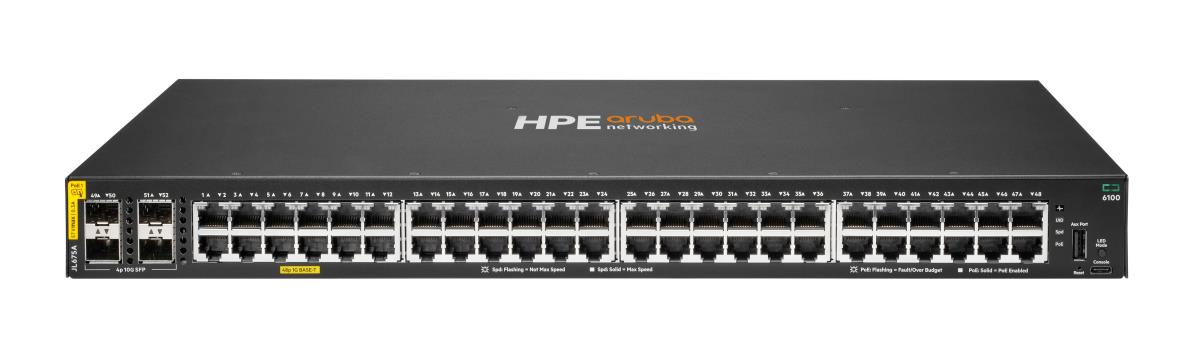 Hewlett-Packard Enterprise Aruba 6100 48G Class4 PoE 4SFP+ 370W Switch, 48x ports 10/100/1000BASE-T ports 4x 1G/10G SFP ports