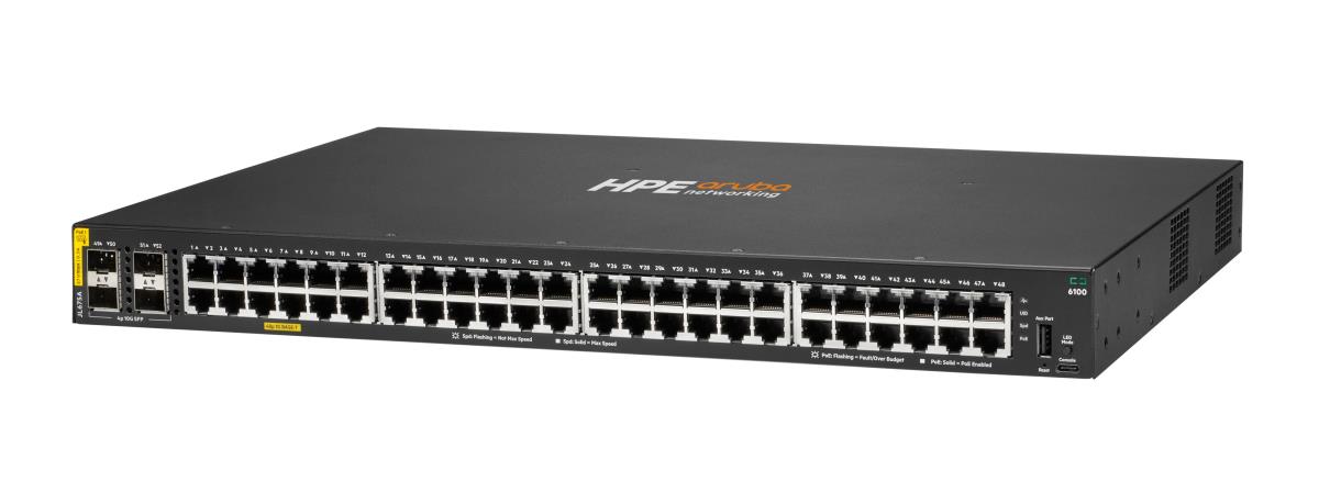 Hewlett-Packard Enterprise Aruba 6100 48G Class4 PoE 4SFP+ 370W Switch, 48x ports 10/100/1000BASE-T ports 4x 1G/10G SFP ports