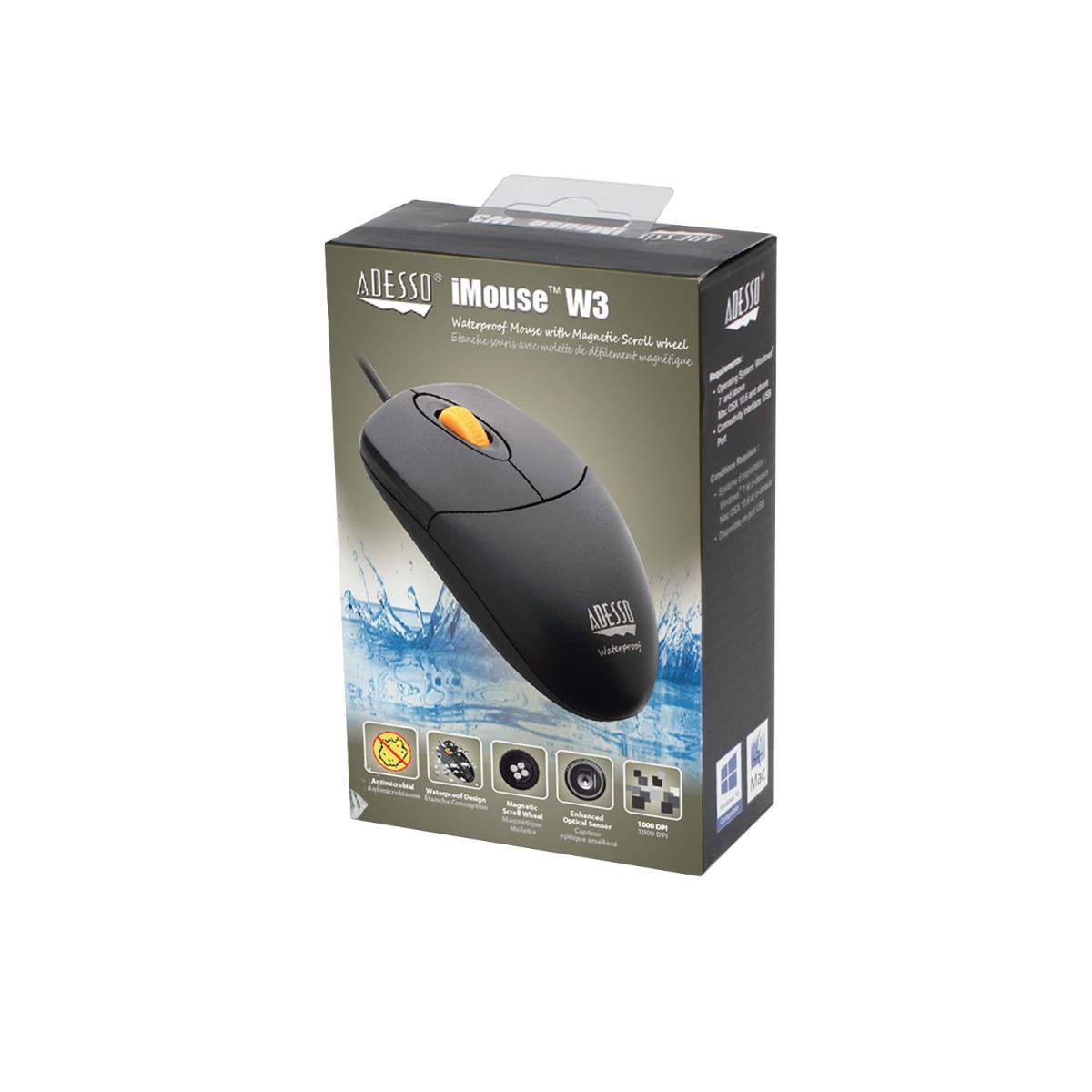 ADESSO Imouse W3 Ip65 Waterproof Antimicrobial USB Optical Mouse Black