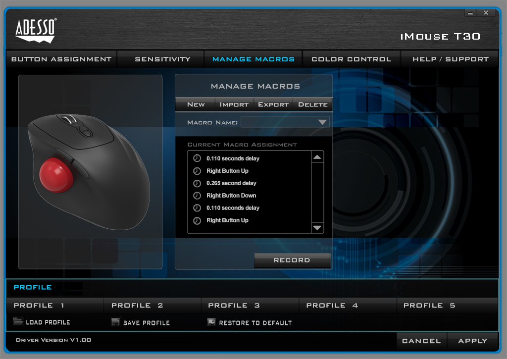 ADESSO Imouse T30 Wireless Ergonomic Programable Desktop Trackball