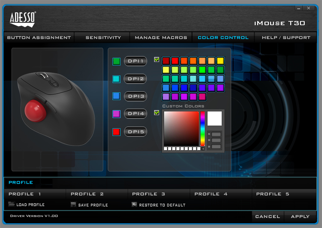 ADESSO Imouse T30 Wireless Ergonomic Programable Desktop Trackball