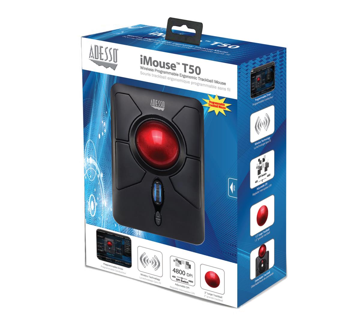 ADESSO Imouse T50 Wireless Ergonomic Programable Desktop Trackball