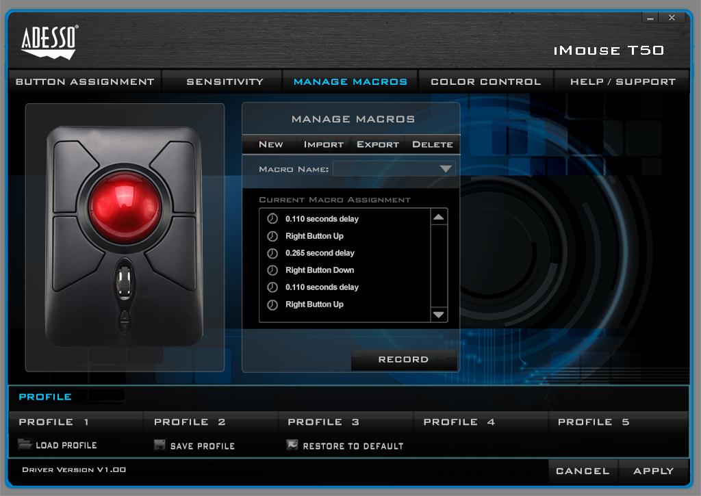 ADESSO Imouse T50 Wireless Ergonomic Programable Desktop Trackball