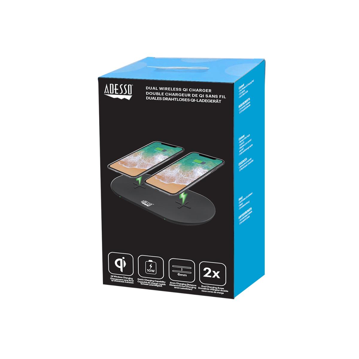ADESSO 15w Max Dual Wireless 2 Coils Qi-certified Fast Charging Pad