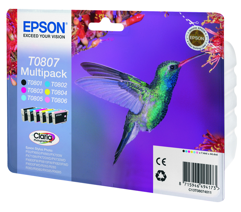 EPSON Ink Cartridge - T0807 Hummingbird - 44.4ml - Black/ Yellow/ Cyan/ Magenta/ Light Magenta/ Light Cyan