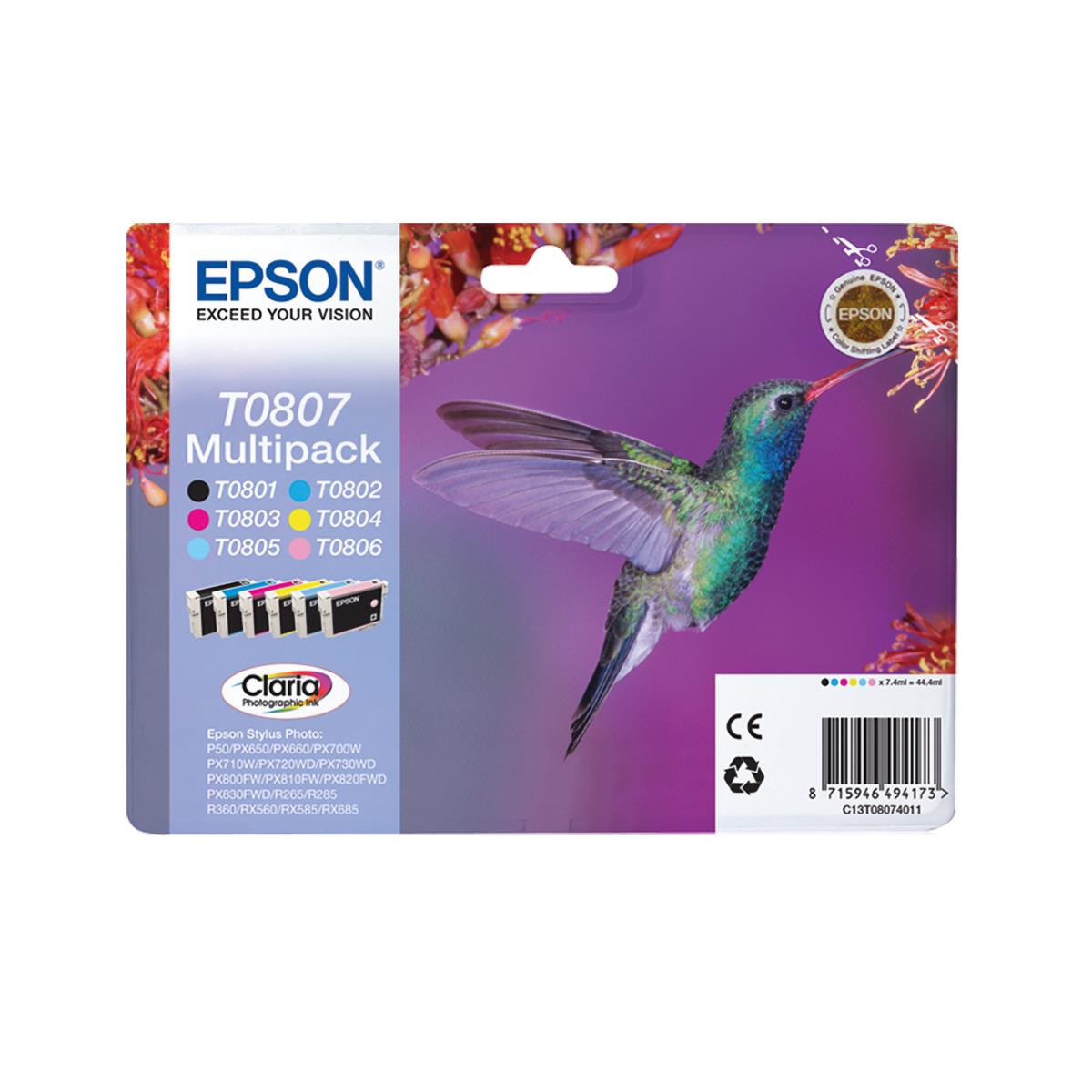EPSON Ink Cartridge - T0807 Hummingbird - 44.4ml - Black/ Yellow/ Cyan/ Magenta/ Light Magenta/ Light Cyan