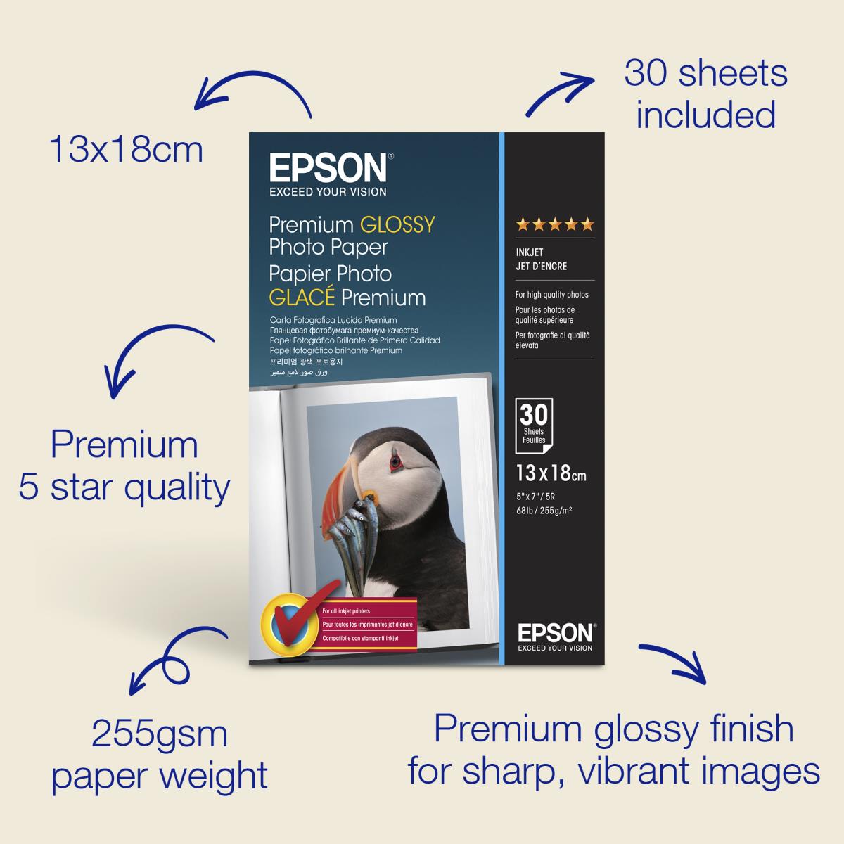 EPSON Premium Glossy Photo Paper 13x18cm 255 G/m2 30sheets
